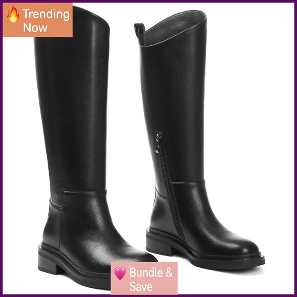 Women's Knee High Riding Boots Round Toe Flat Chunky Heel Side Zipper - Picture 2 of 8